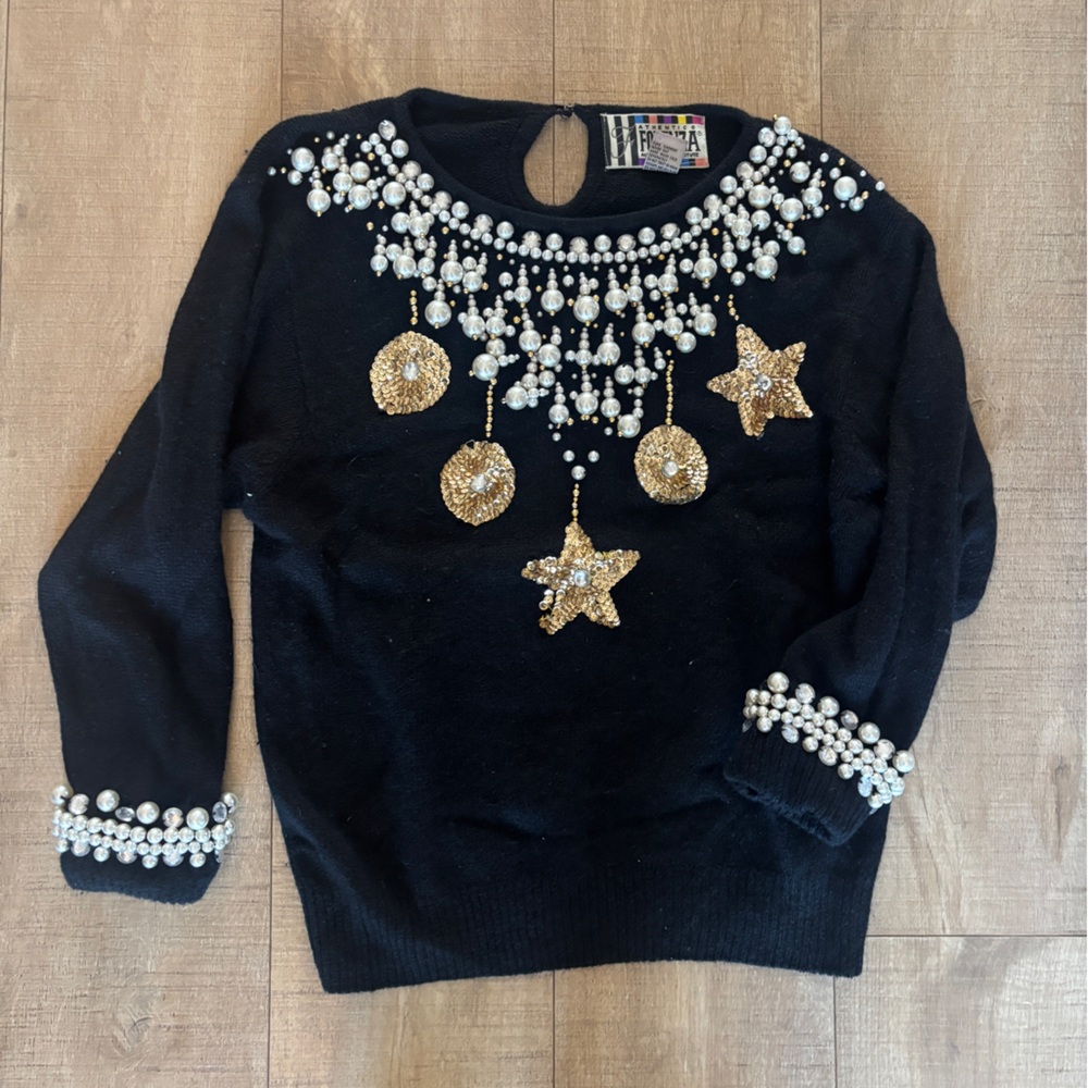 Vintage Forenza Black and Gold Sequin and Pearl Embellished Holiday Sweater